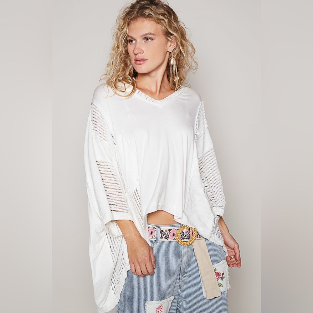 394B-WHITE. Patched Oversized Sheer Contrast Solid Color Top